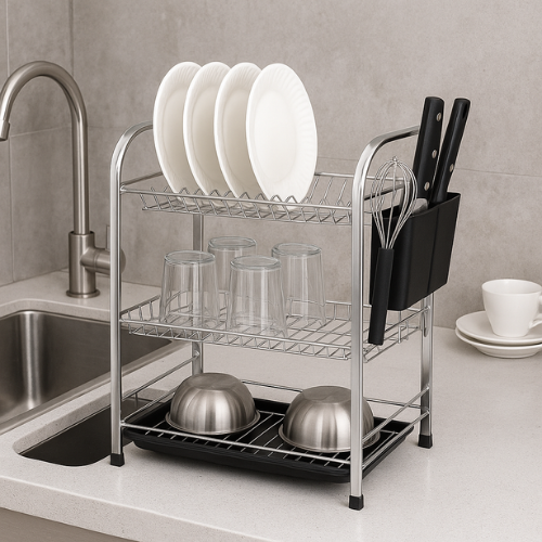 3 Layer Dish Drainer Rack – Heavy-Duty Kitchen Plate & Bowl Organizer