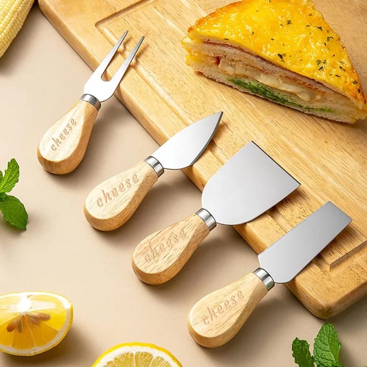 Set Of 4- Cheese Knives with Bamboo Wood Handle