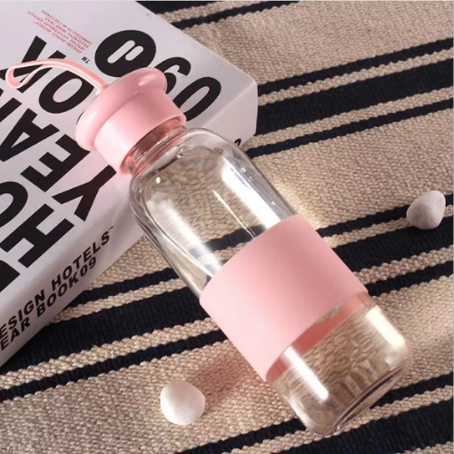 Silicone Lid Clear Glass Water Bottle