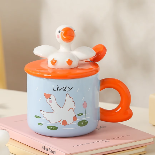 Cute Cartoon Ceramic Coffee Mug – With Lid & Spoon