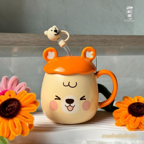 Cute Bear Ceramic Mug – With Lid & Glass Straw
