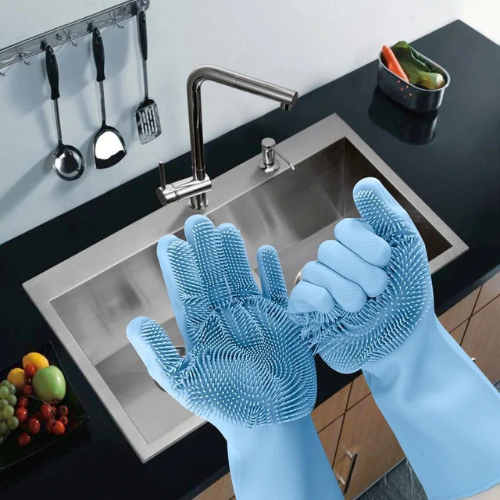 Multi-Purpose Silicone Dishwashing Gloves with Built-In Scrubbers