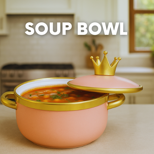 Ceramic Soup Bowl with Crown-Shaped Lid – Elegant Food Serving Bowl