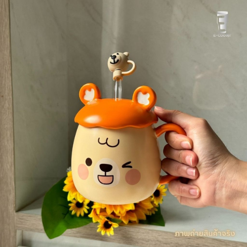 Cute Bear Ceramic Mug – With Lid & Glass Straw