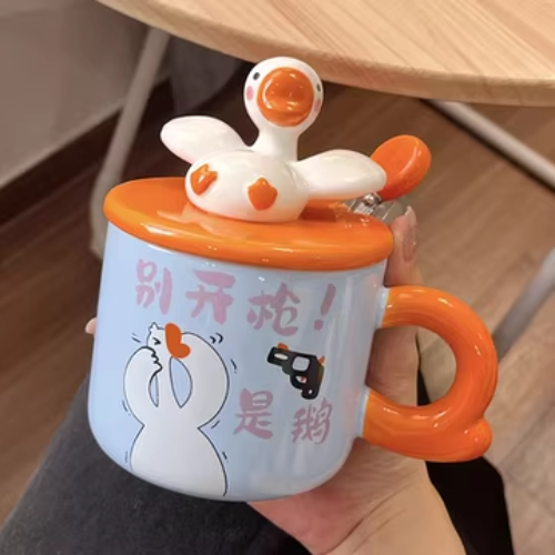 Cute Cartoon Ceramic Coffee Mug – With Lid & Spoon