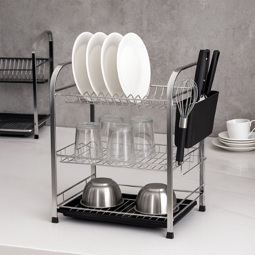 3 Layer Dish Drainer Rack – Heavy-Duty Kitchen Plate & Bowl Organizer