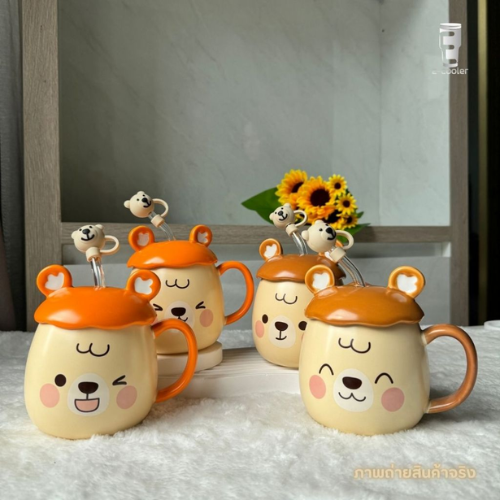 Cute Bear Ceramic Mug – With Lid & Glass Straw