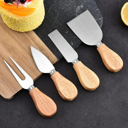 Set Of 4- Cheese Knives with Bamboo Wood Handle