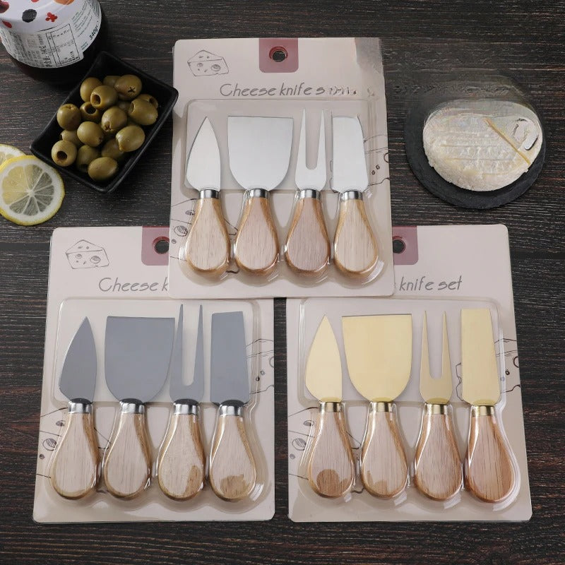 Set Of 4- Cheese Knives with Bamboo Wood Handle